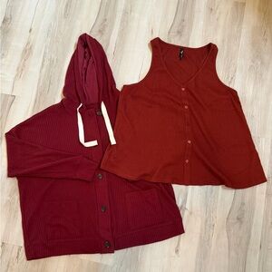 Button front Hoodie Red Ribbed Knit Soft Lounge Satin Ties with matching tank